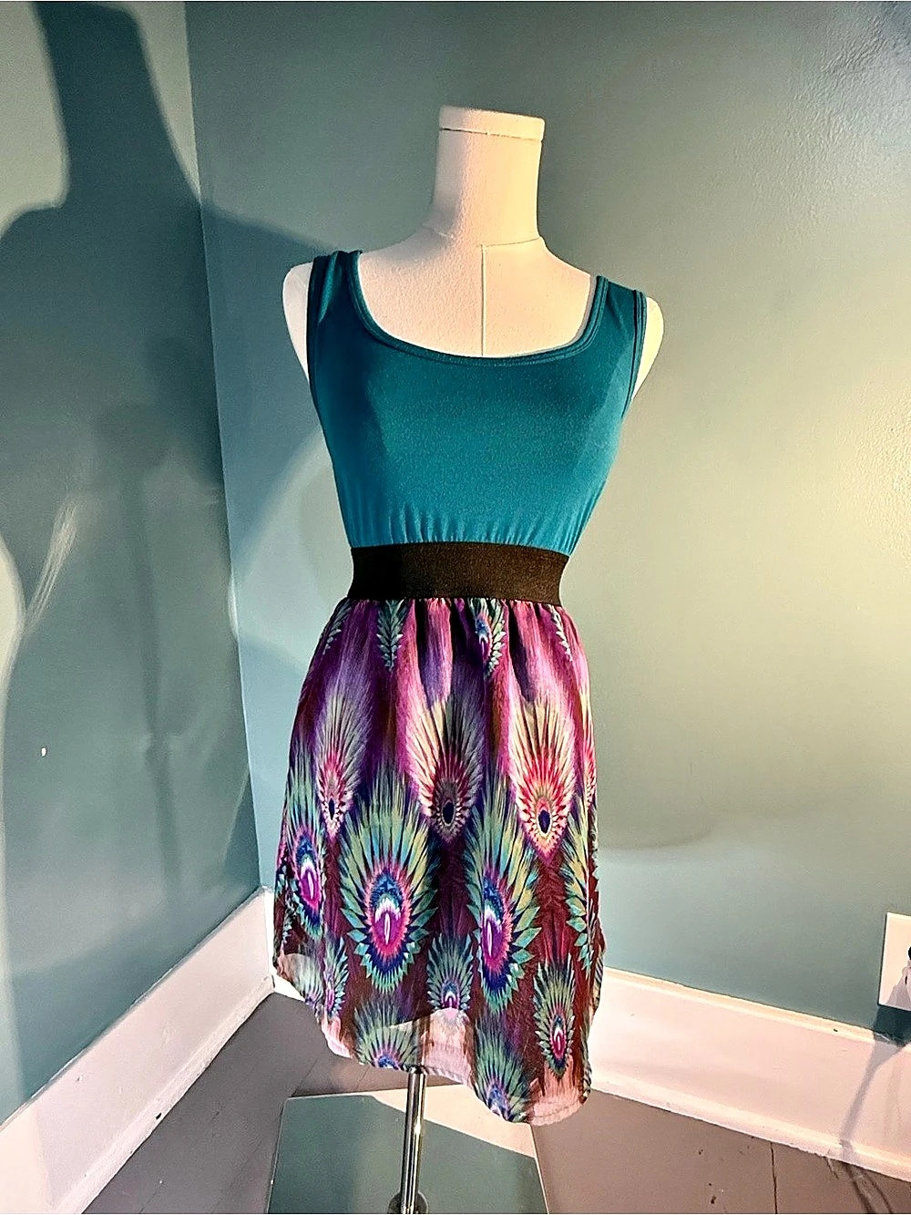 Xhilaration Womens Teal & Purple Peacock Print Chiffon Dress- Small